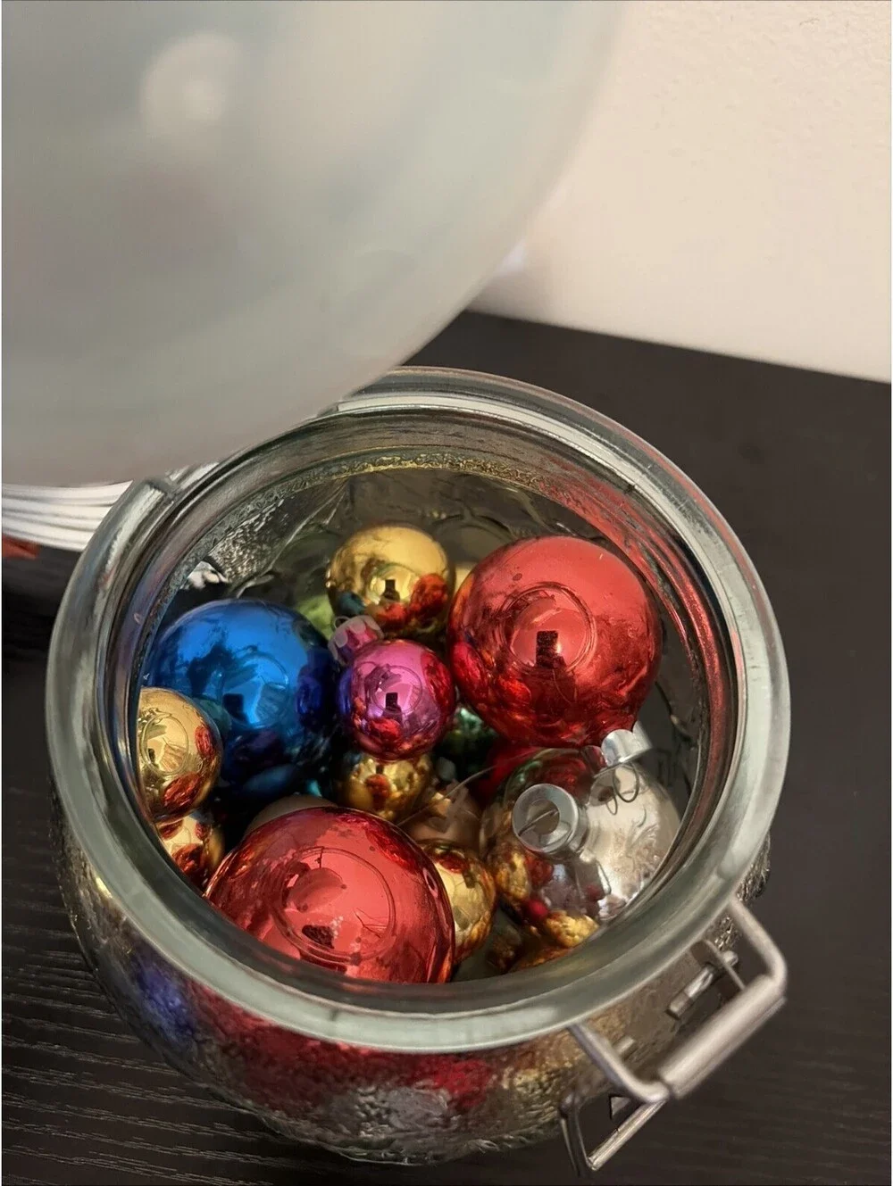 Aqua Clear Jar With Latch Filled With Christmas Bulbs Lamp Works